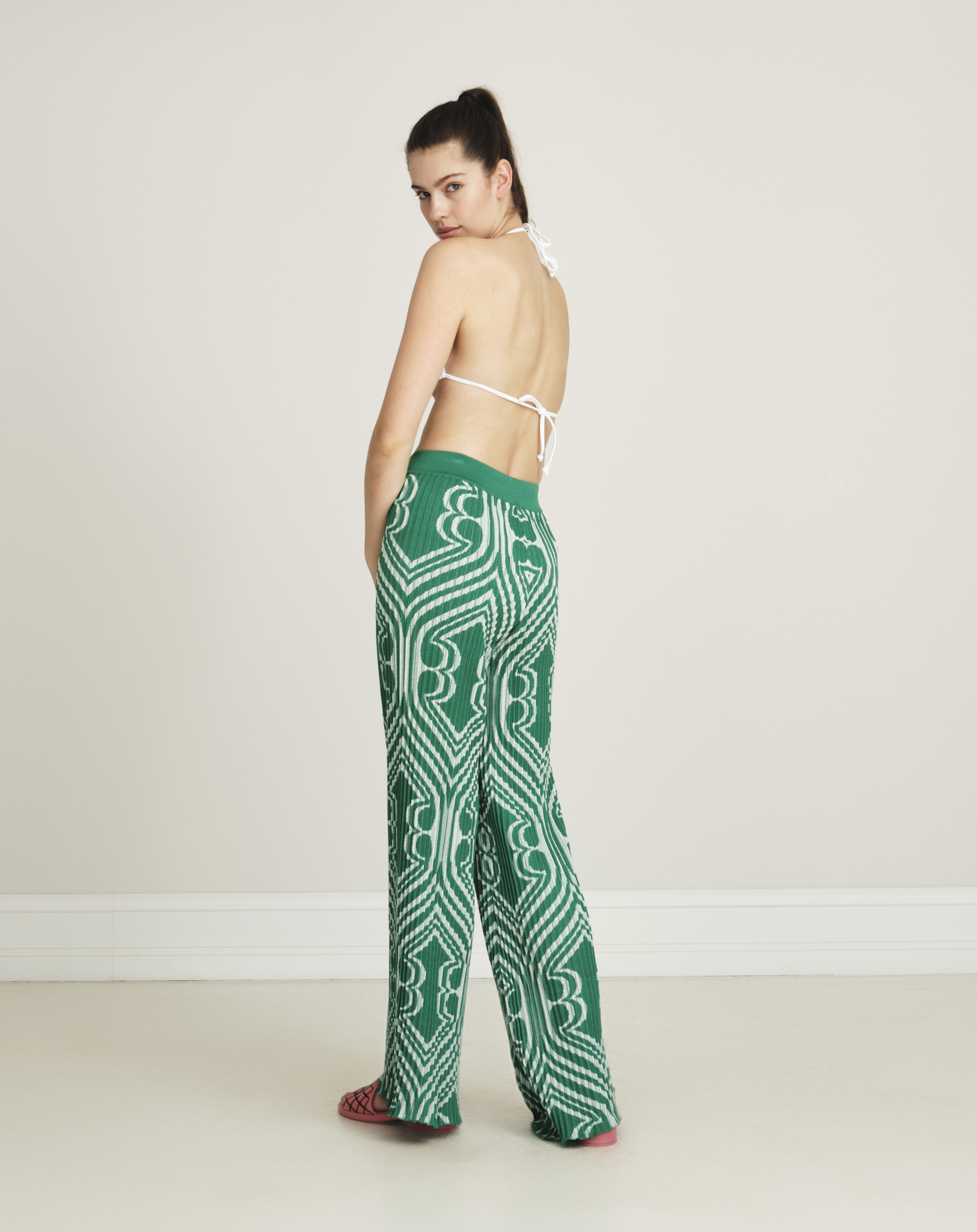 Etro -Green Geometric Pattern Jacquard Plisse w Palazzo Pants  IT42